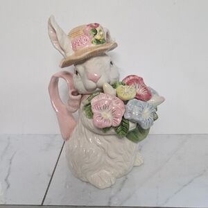 KALDUN & BOGLE TEAPOT BUNNY RABBIT FLORAL WITH PINK BOWS Hand Painted 11"